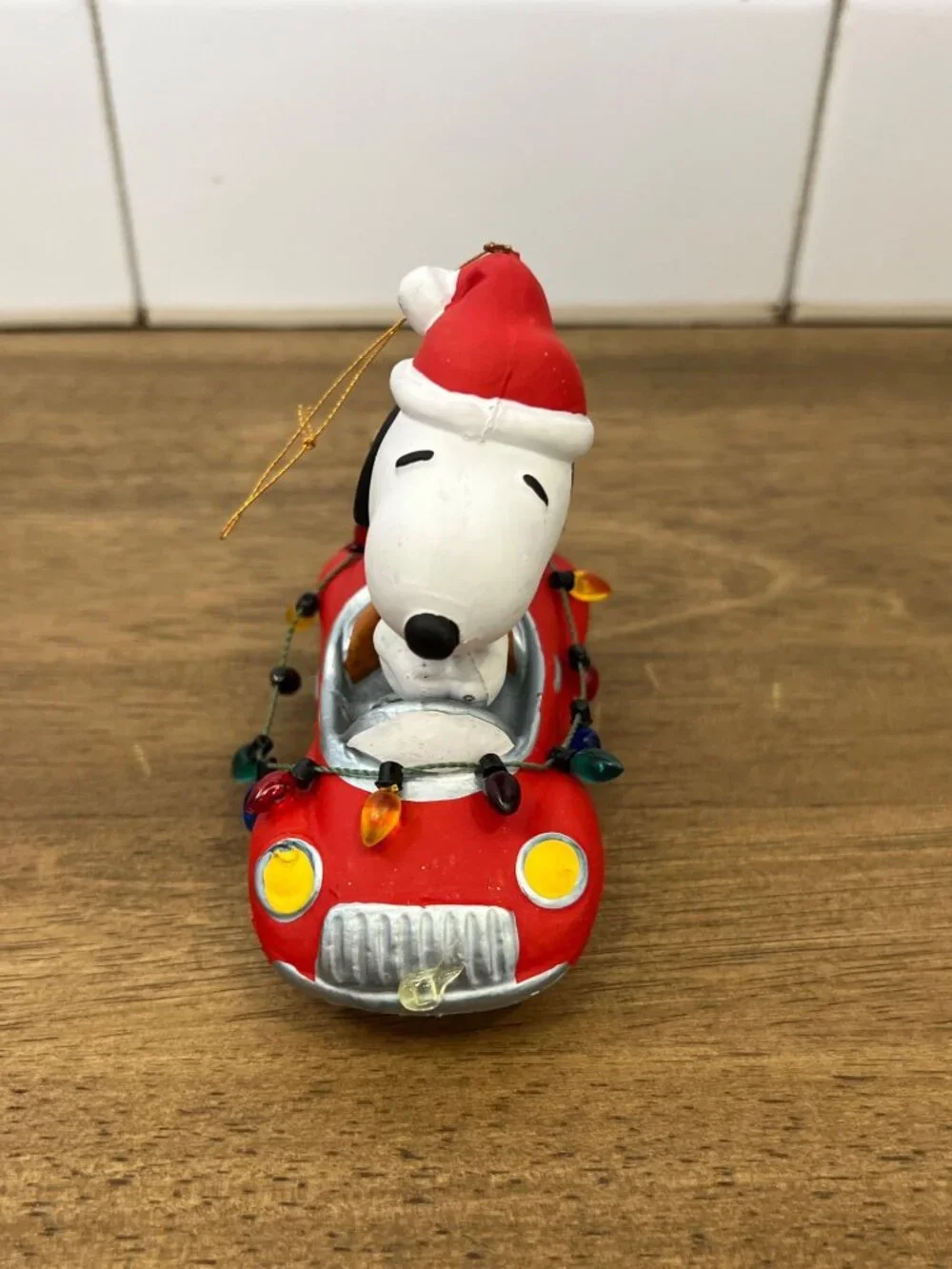 Snoopy Christmas Ornament Driving Red Car Santa Hat Holiday Decor Figurine